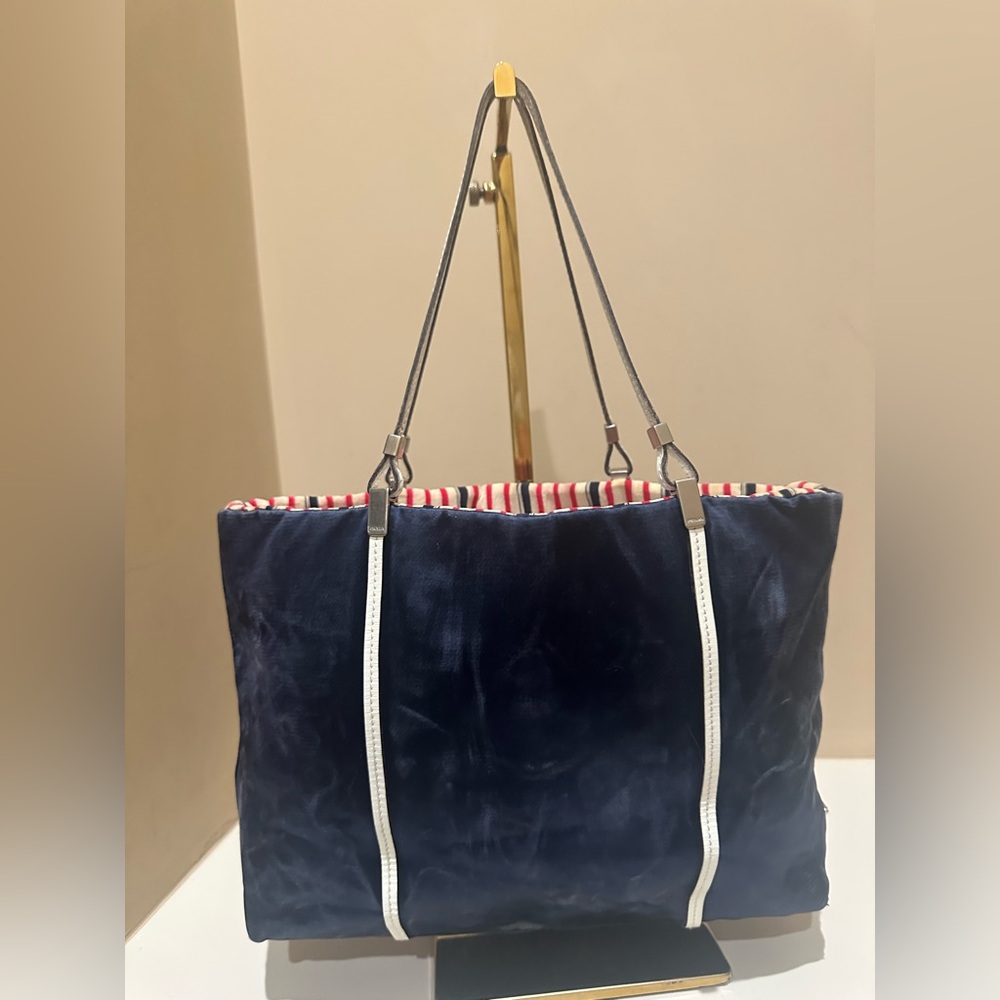 Prada Vintage Navy Sateen Small Blue Tote Bag